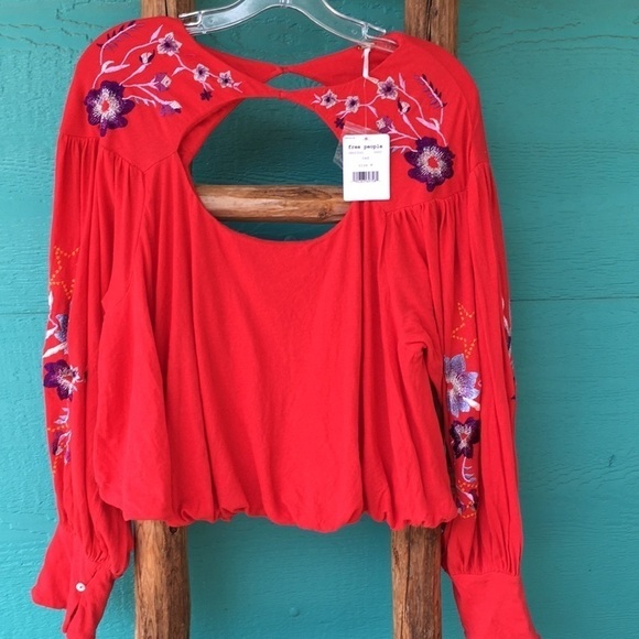 Free People Tops - FREE PEOPLE LITA RED FLORAL EMBROIDERED CROP TOP SIZE MEDIUM NWT